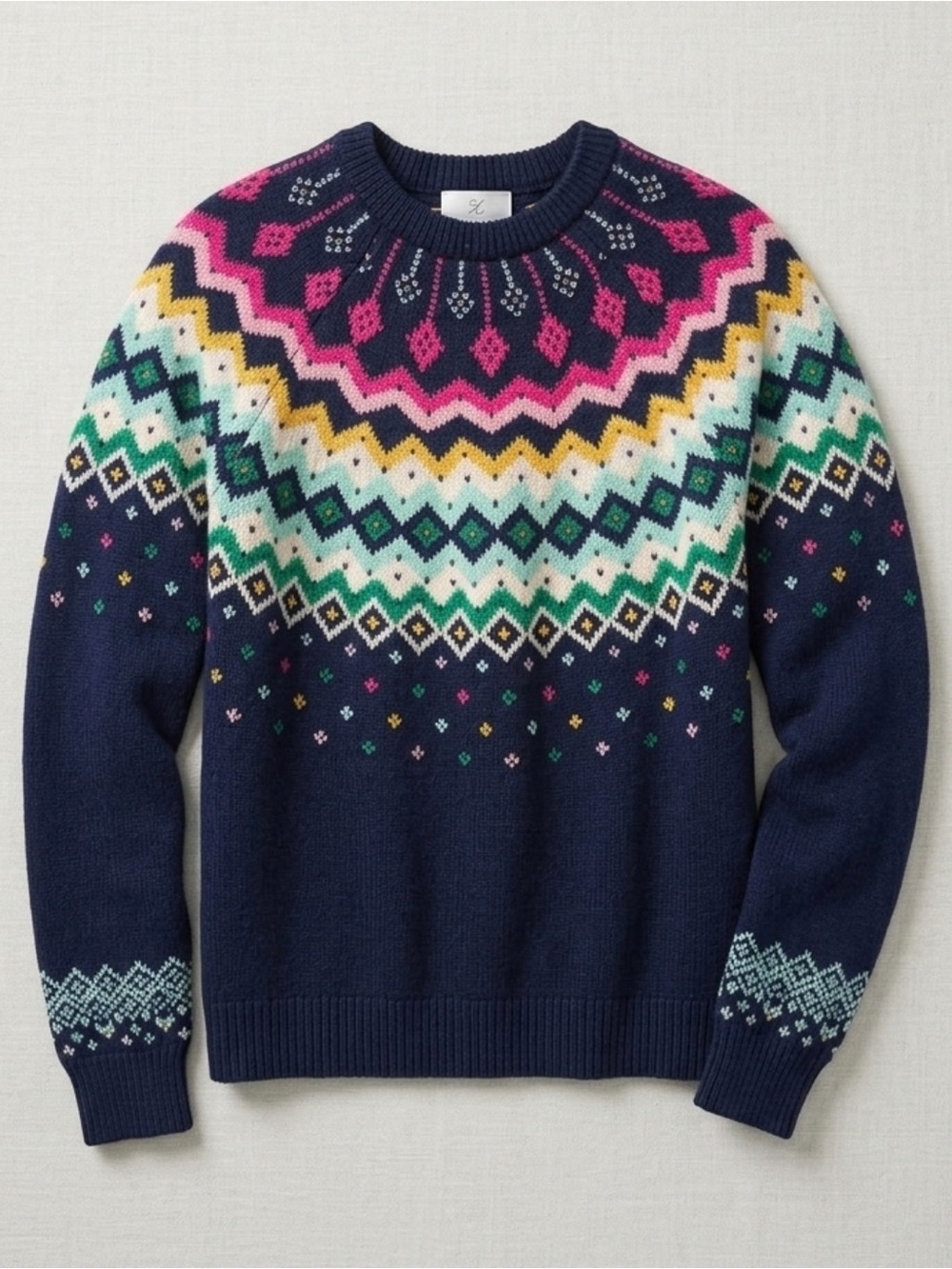 crown & ivy Navy Fair Isle Crewneck Sweater with Multicolor Yoke